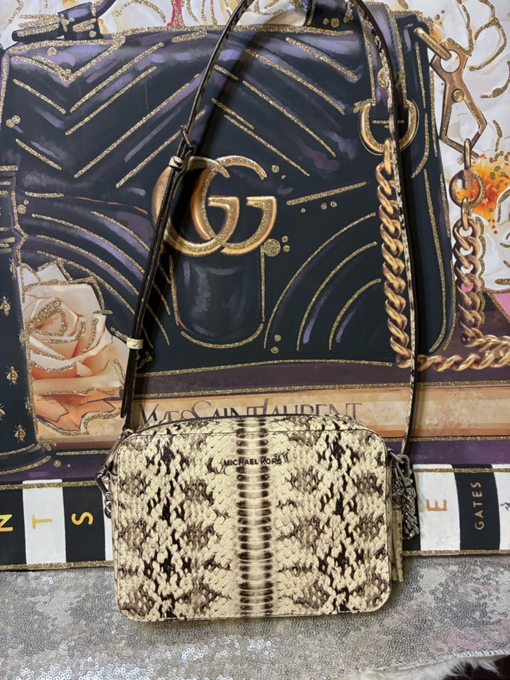 Michael Kors Beige and Brown Snake-Print Crossbody Bag - Picture 2 of 9